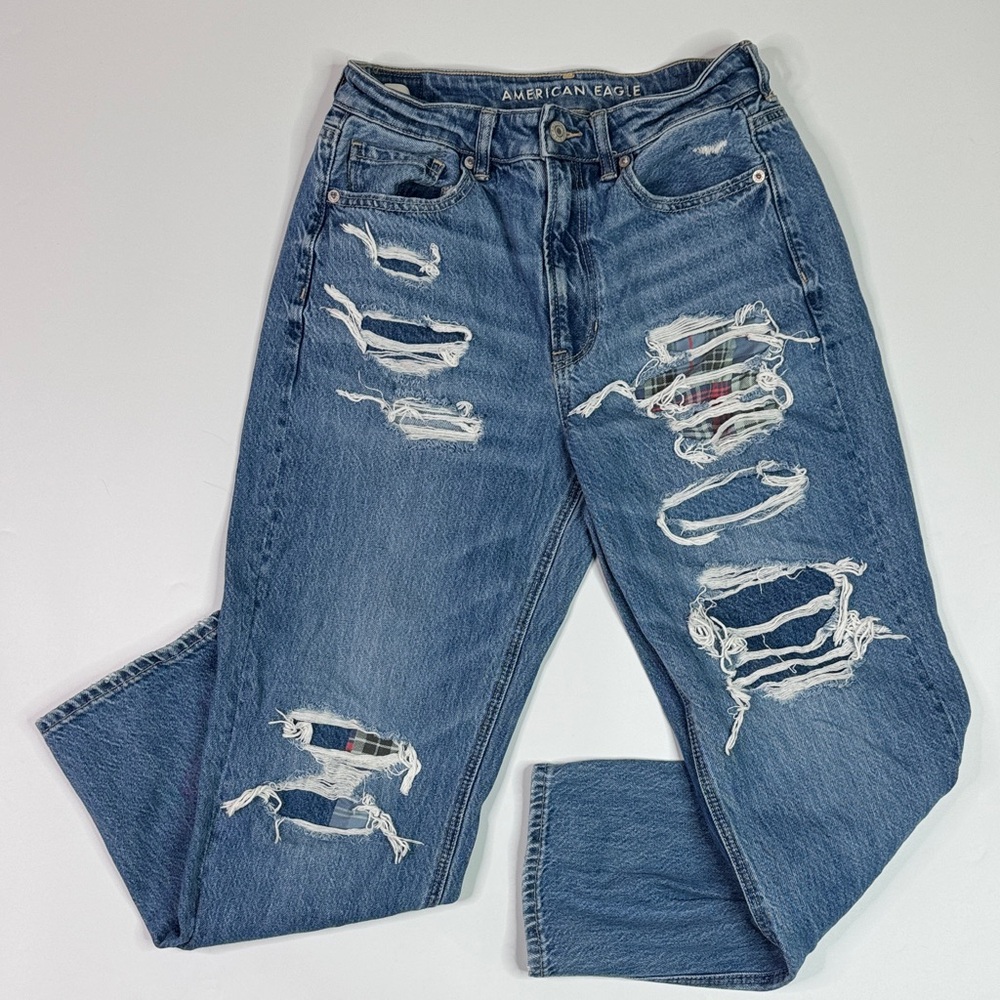 American Eagle Mom Straight Jean Distressed Flannel Patches Size 8